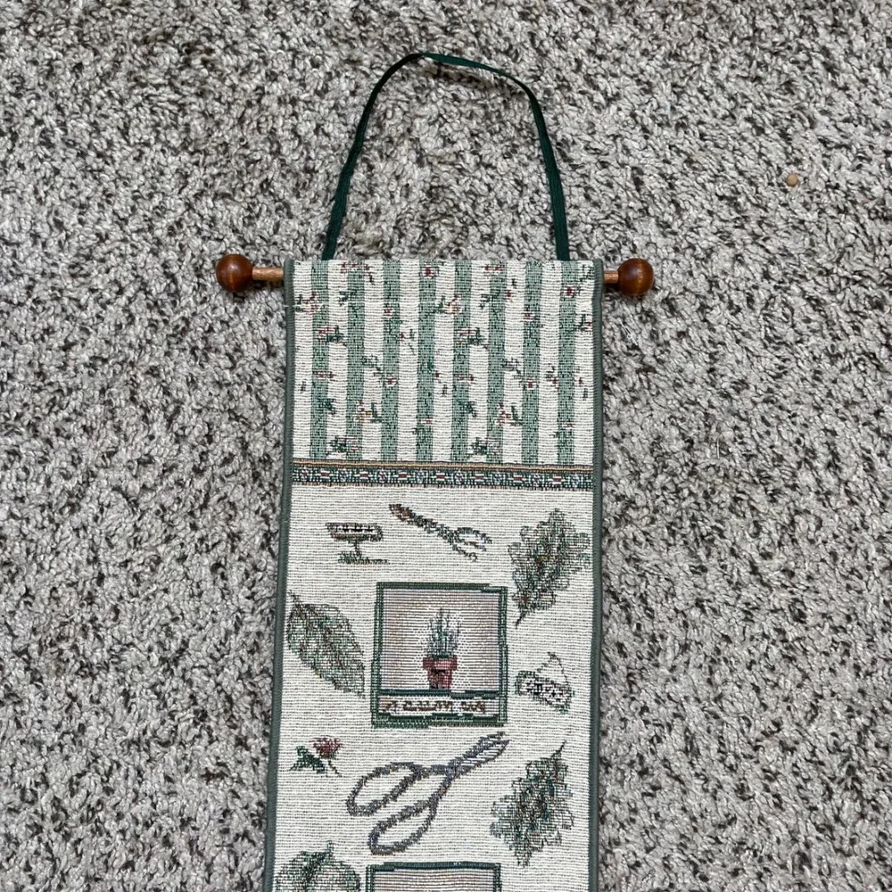 Vintage Tapestry Wall Hanging Garden Herbs Botanical Green Woven Tassel Cottage